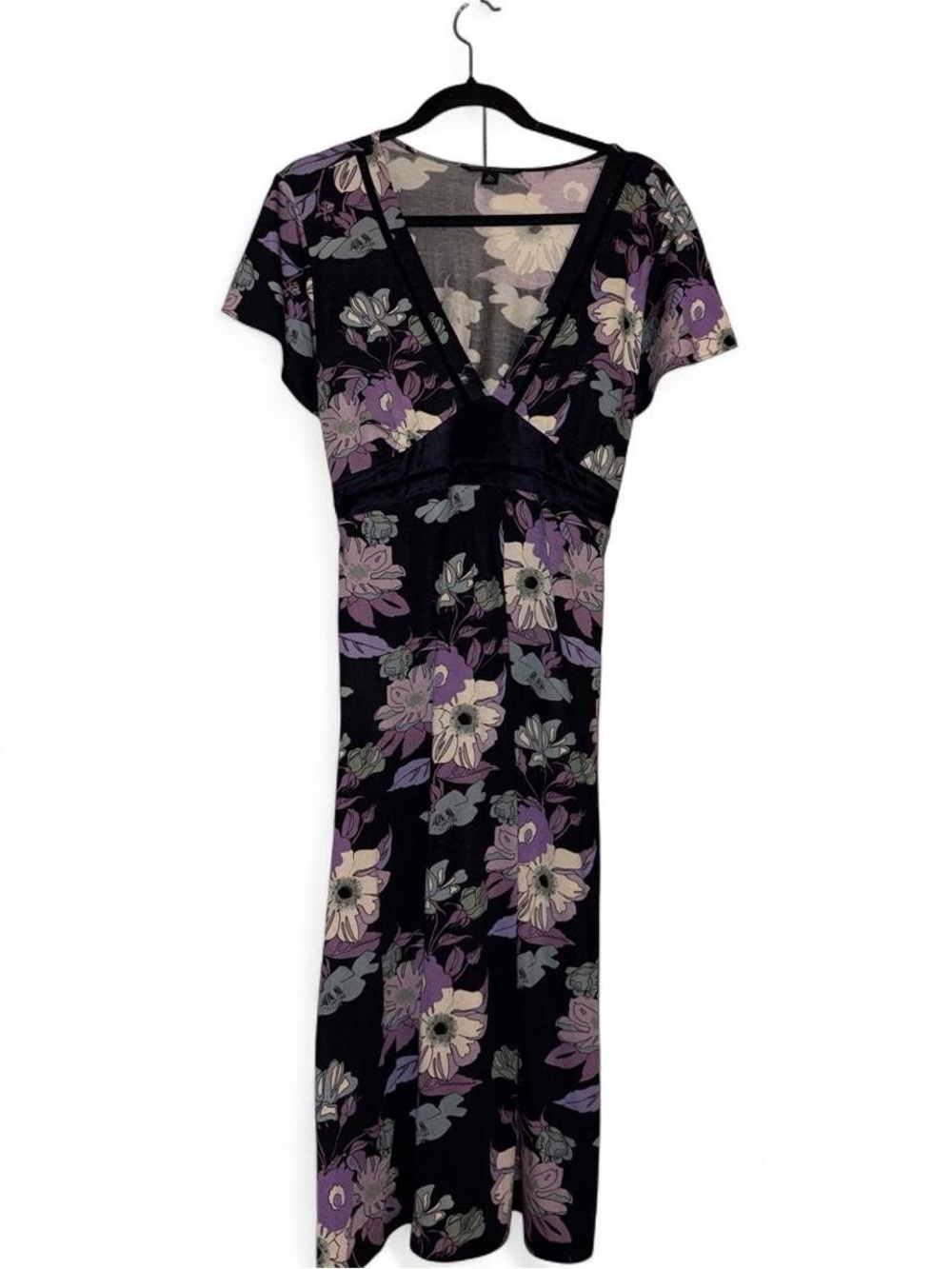 Banana Republic 2000s Purple Black Floral Silk Velvet Trim Midi dress Size XL